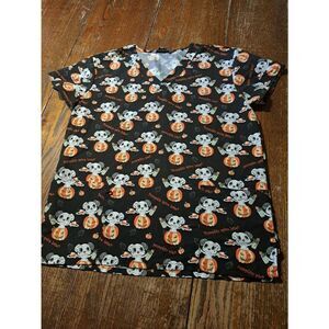 Medium Serene Uniforms Halloween Dog Pumpkin Short Sleeve VNeck Scrub Top